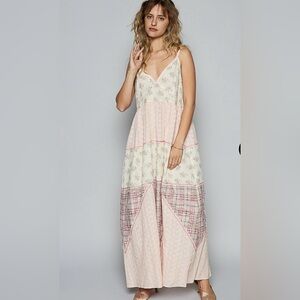 POL Boho Patchwork V-Neck Maxi Dress in Pink and Cream